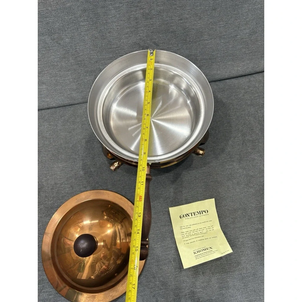 Large Copper Solid Brass Vintage Pan Dish Heavy Chafing Fondue Pot & Pasta 9